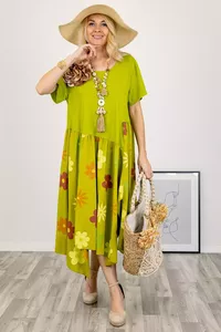Zaļa maksi lina kleita ar puķēm - lielie izmēri sievietēm