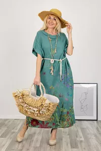 lielieizmeri Zaļa maksi lina kleita ar puķēm 3-ANTR sievietēm
