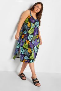 Pludmales kleita ar tropisku rakstu - lielie izmēri sievietēm