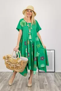 Koši zaļa kokvilnas kleita ar ziediem - lielie izmēri sievietēm