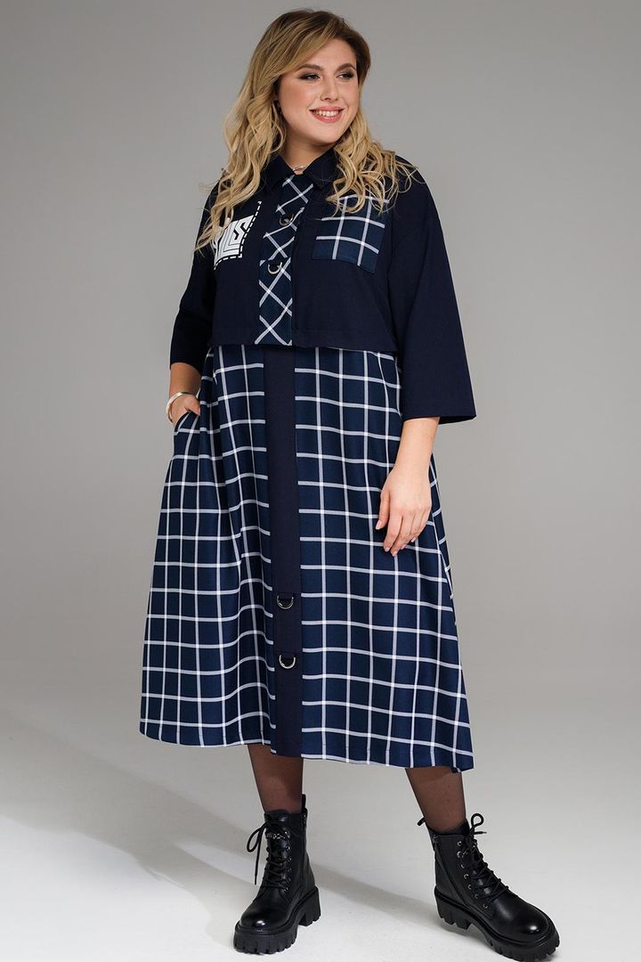 Tumši zila kleita ar rūtiņām, lielie izmēri i-veikalā jandase.lv