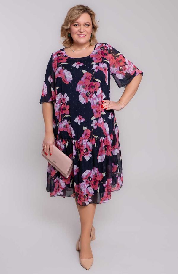 Tumši zila šifona kleita ar ziediem (DZXX), lielie izmēri i-veikalā jandase.lv