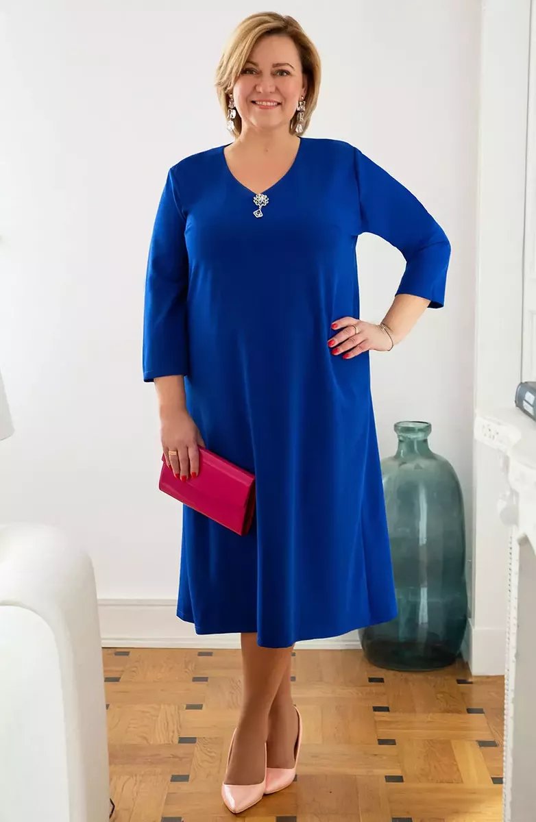 Rudzupuķu zila kleita ar piespraudi, lielie izmēri i-veikalā jandase.lv