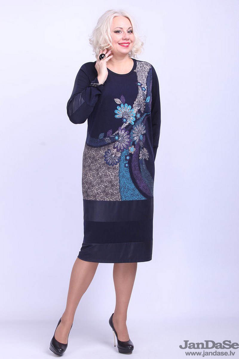 Tumši zila kleita ar ziediem, lielie izmēri i-veikalā jandase.lv
