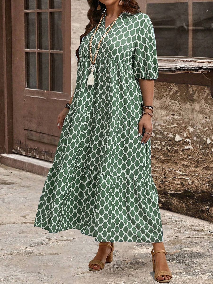 Zaļa garā kleita ar baltu rakstu (DZXX), lielie izmēri i-veikalā jandase.lv