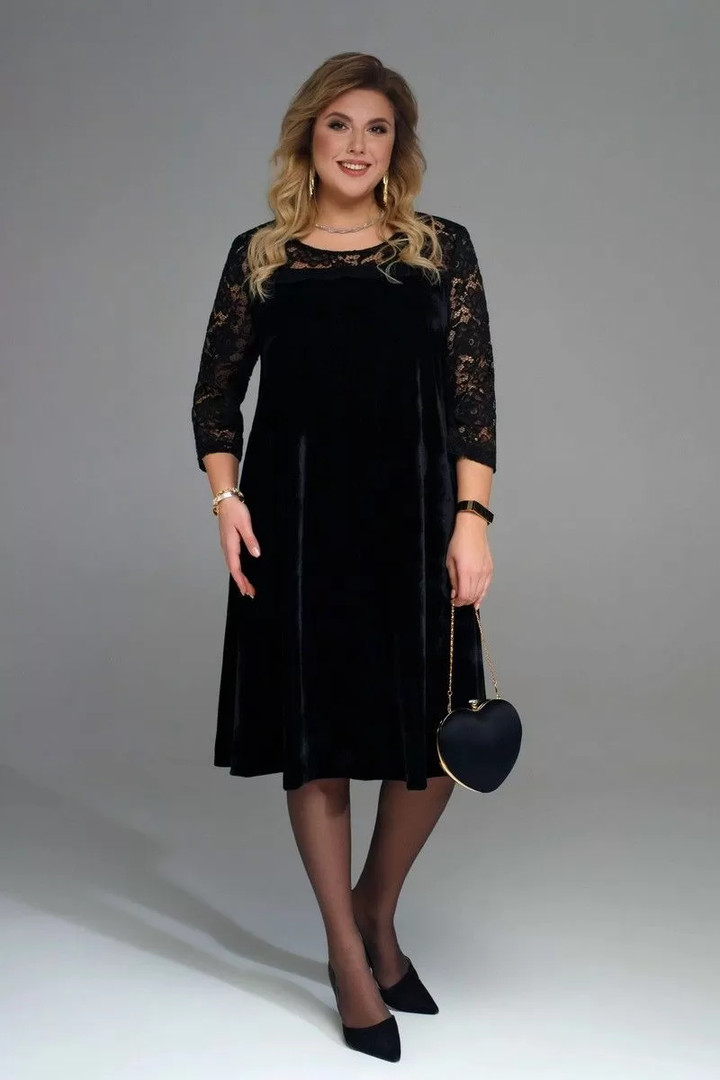 Melna samta kleita ar mežģīņu piedurknēm, lielie izmēri i-veikalā jandase.lv