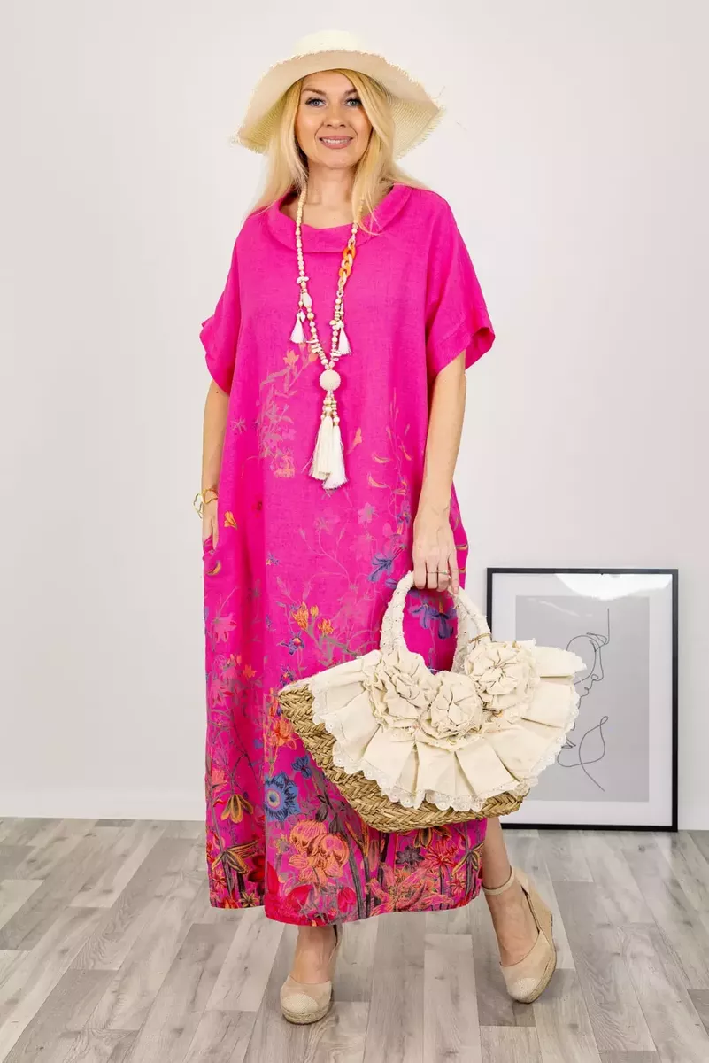 Garā lina kleita ar puķēm, lielie izmēri i-veikalā jandase.lv