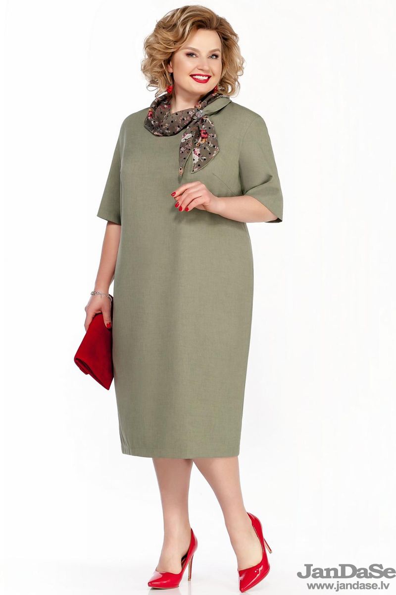 Haki krāsas kleita ar šallīti, lielie izmēri i-veikalā jandase.lv