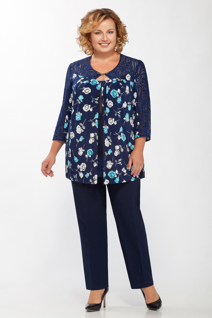 Tumši zils kostīms ar ziediem, lielie izmēri i-veikalā jandase.lv