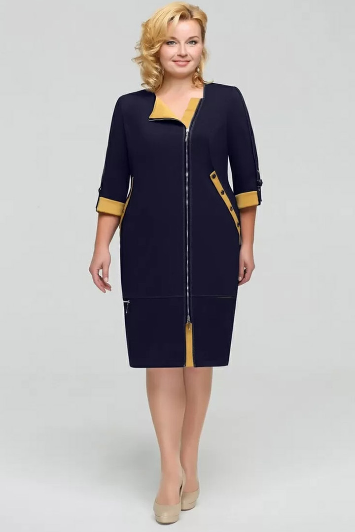 Tumši zila kleita ar sinepju krāsas elementiem, lielie izmēri i-veikalā jandase.lv