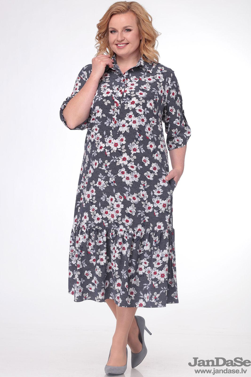 NAV PIEEJAMS | Недоступен | Out Of Stock Tumši pelēka kleita ar sīku ziedu rakstu, lielie izmēri i-veikalā jandase.lv