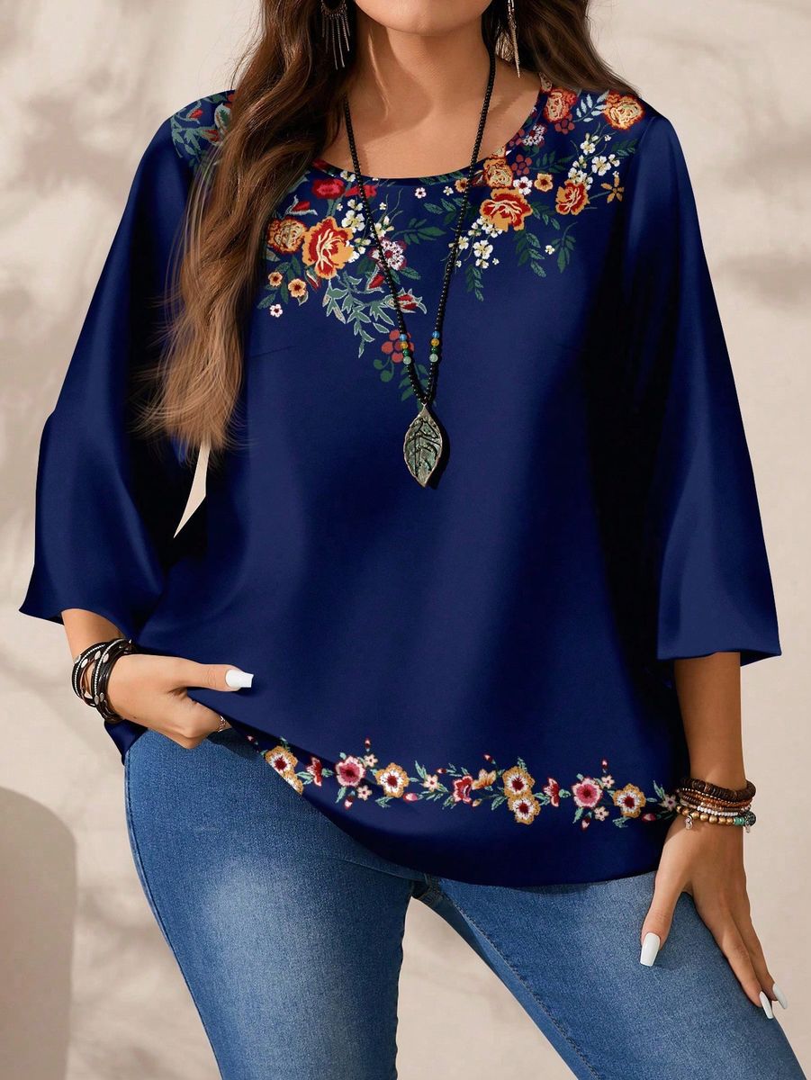 Koši zila tunika ar puķu apdruku, lielie izmēri i-veikalā jandase.lv