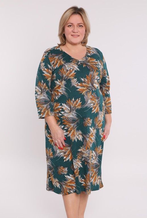 Zaļa kleita ar oranžu rakstu, lielie izmēri i-veikalā jandase.lv