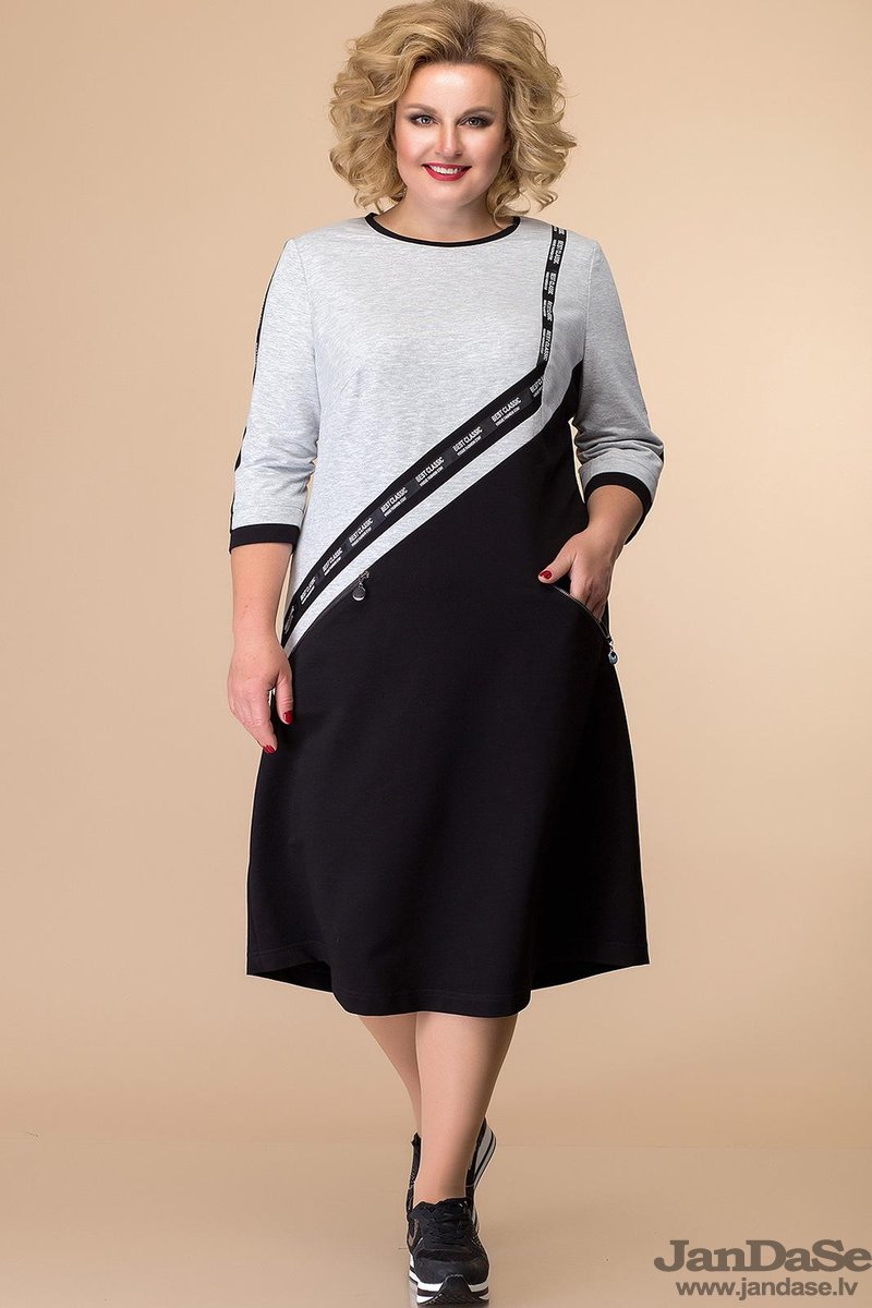 NAV PIEEJAMS | Недоступен | Out Of Stock Gaiši pelēka un melna kleita, lielie izmēri i-veikalā jandase.lv