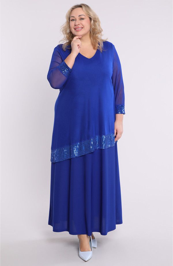 Rudzupuķu zila garā kleita ar fliteriem, lielie izmēri i-veikalā jandase.lv