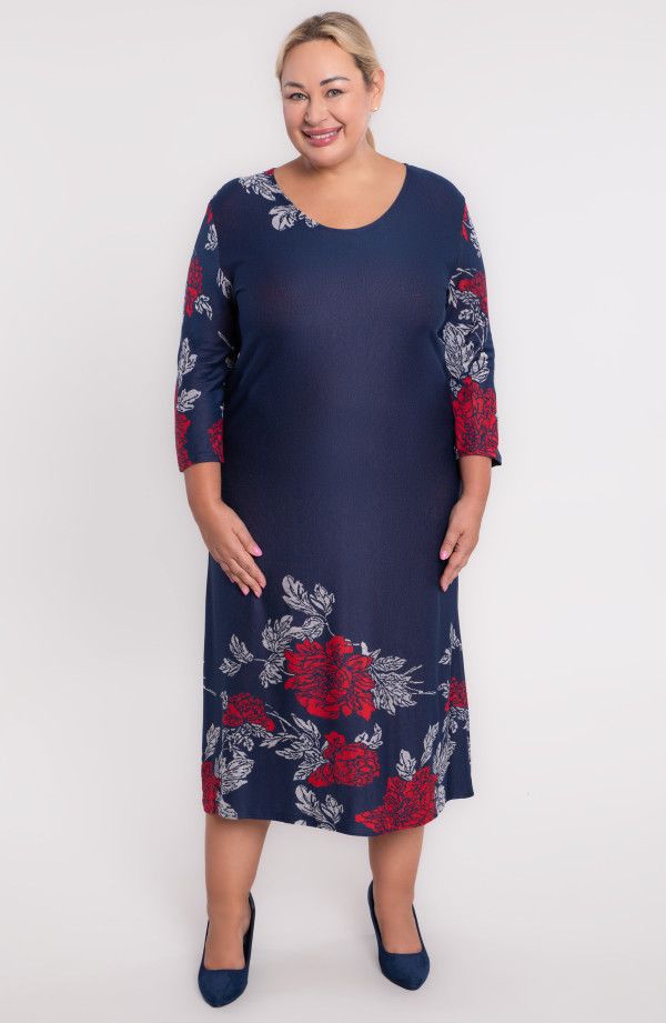 Tumši zila kleita ar rozēm, lielie izmēri i-veikalā jandase.lv