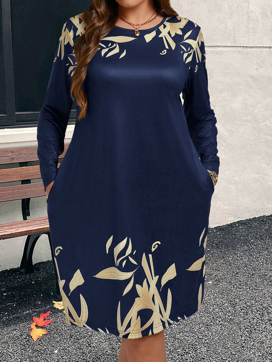 Zila kleita ar ziedu apdruku, lielie izmēri i-veikalā jandase.lv