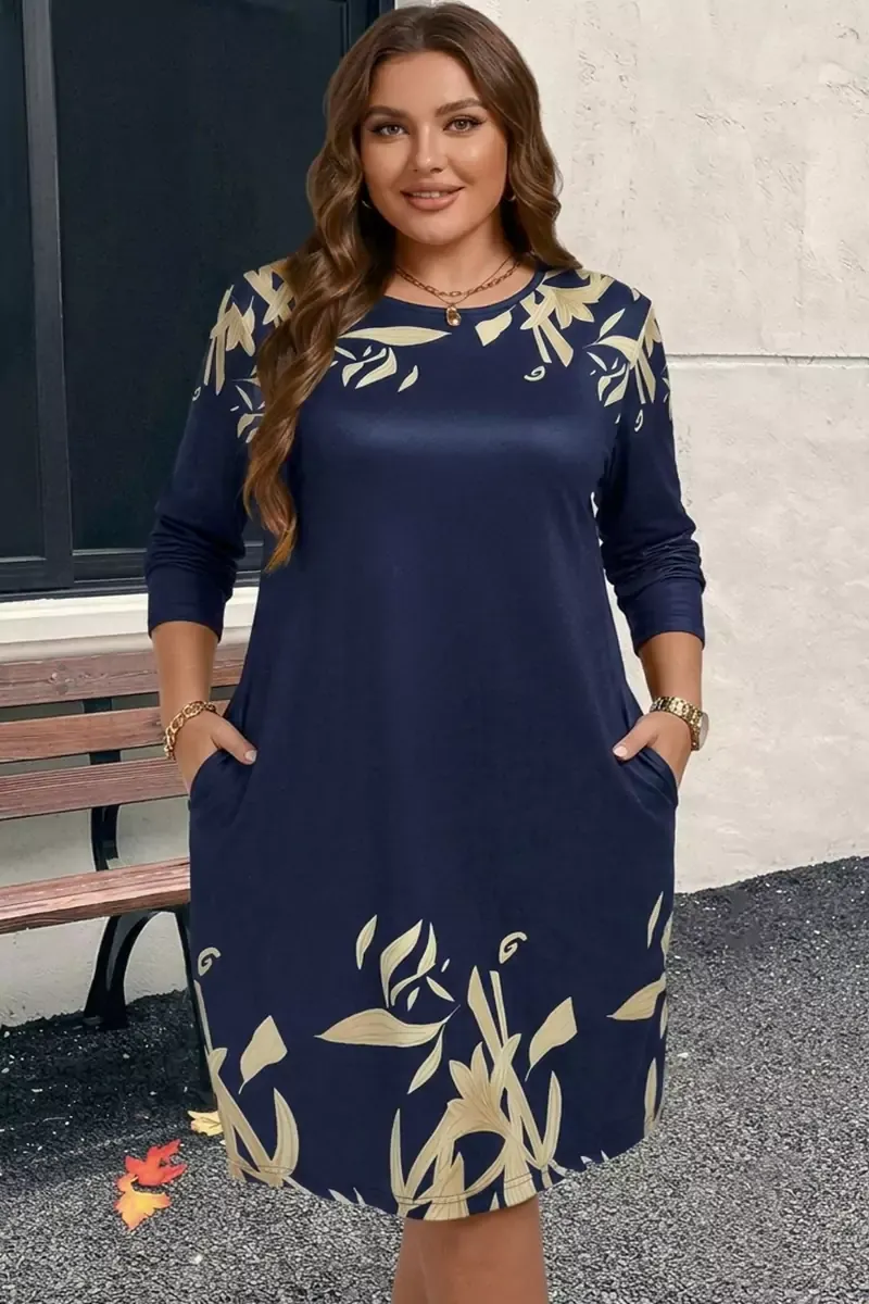 Zila kleita ar ziedu apdruku (izs. 12.03.), lielie izmēri i-veikalā jandase.lv