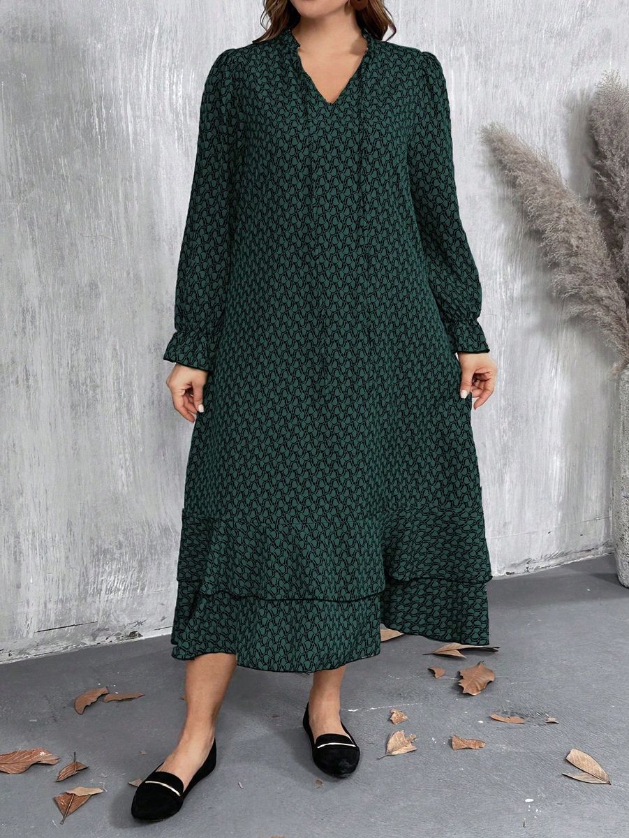 Tumši zaļa kleita ar rakstu (DZXX), lielie izmēri i-veikalā jandase.lv