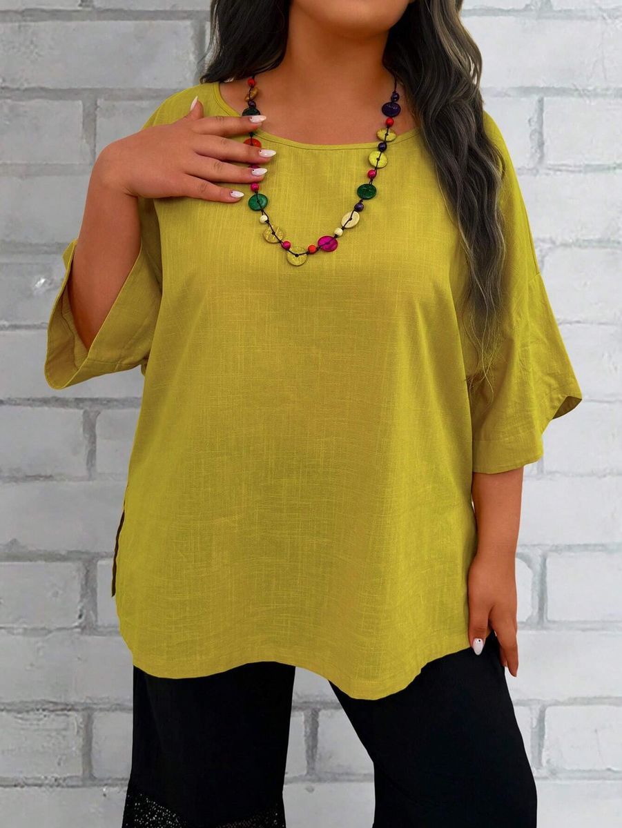 Sinepju krāsas kokvilnas tunika, lielie izmēri i-veikalā jandase.lv