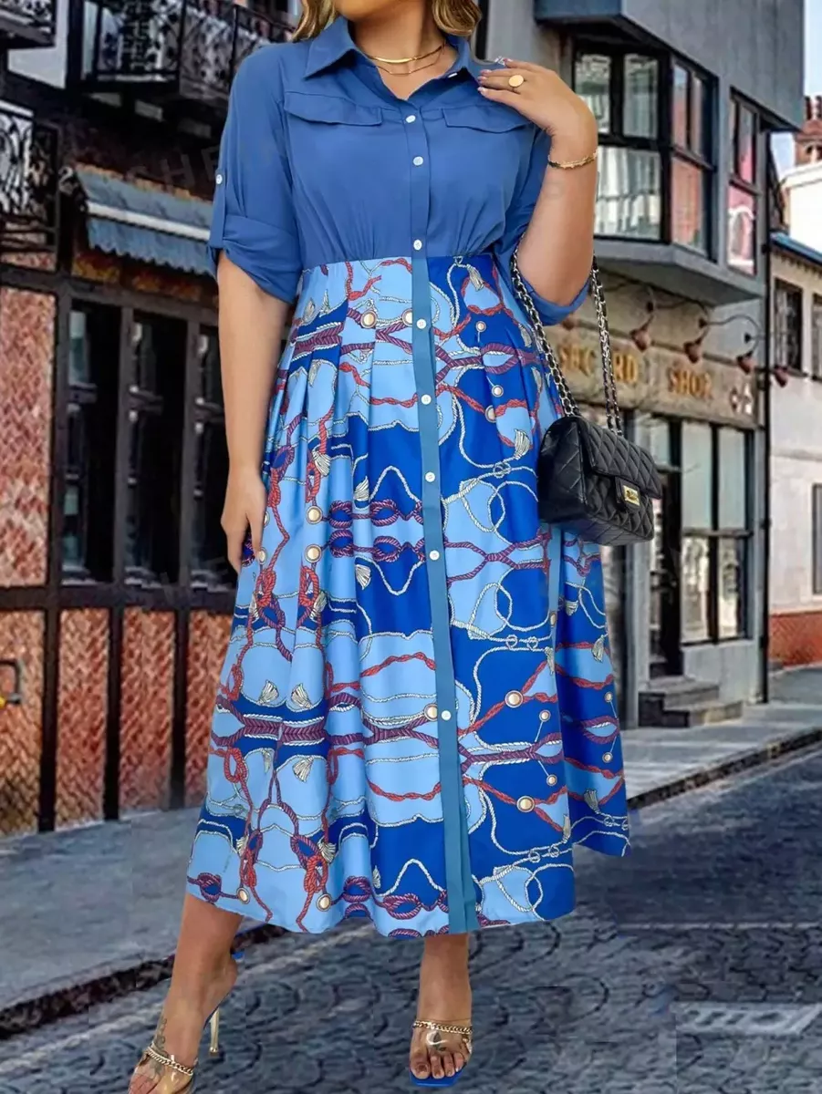 Zila krekla kleita ar rakstu, lielie izmēri i-veikalā jandase.lv