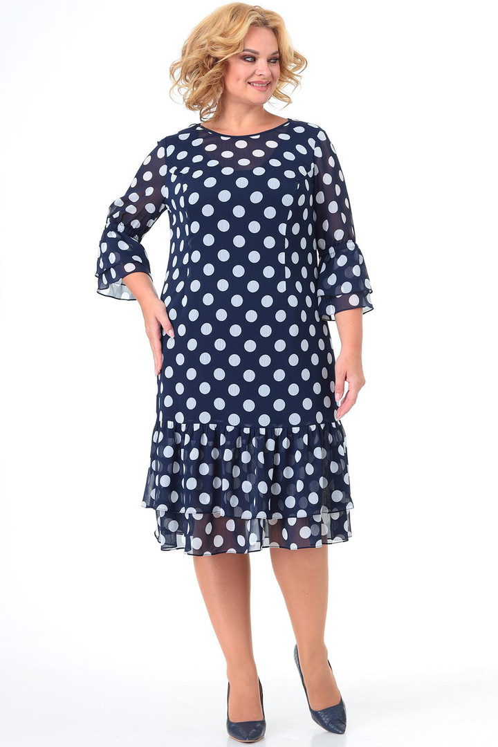 Tumši zila kleita ar baltiem apļiem, lielie izmēri i-veikalā jandase.lv