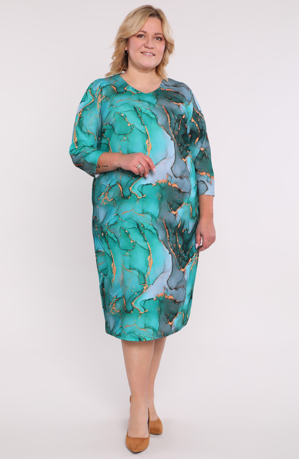 Tirkīzkrāsas kleita ar rakstu, lielie izmēri i-veikalā jandase.lv