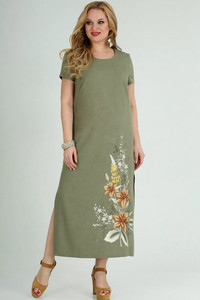 Haki zaļa kleita ar ziedu izšuvumu - lielie izmēri sievietēm