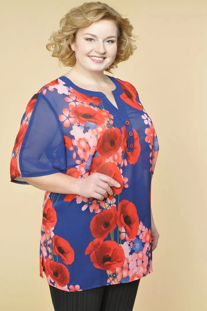 Zila blūze ar ziediem, lielie izmēri i-veikalā jandase.lv