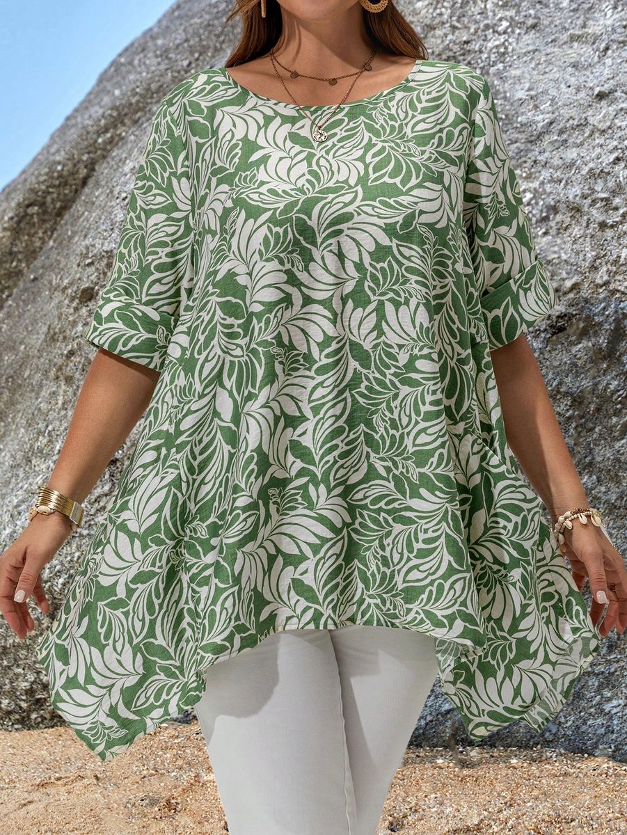 Zaļa tunika ar baltu rakstu, lielie izmēri i-veikalā jandase.lv