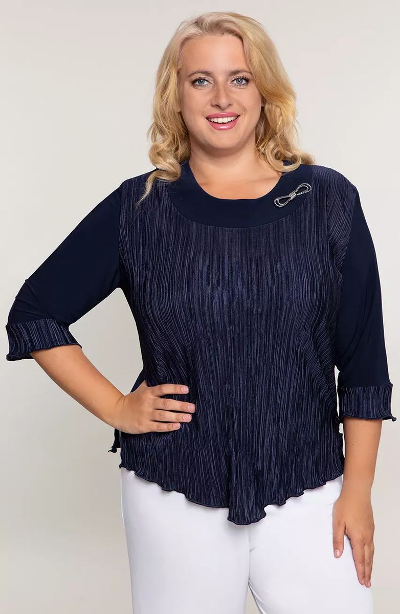 Tumši zila, flisēta blūze ar piespraudi, lielie izmēri i-veikalā jandase.lv
