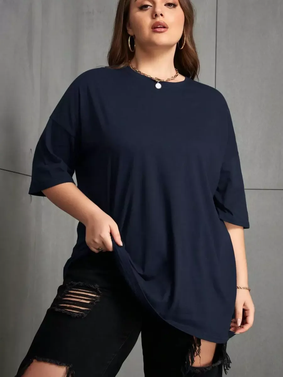 Tumši zils sieviešu kokvilnas tops, lielie izmēri i-veikalā jandase.lv