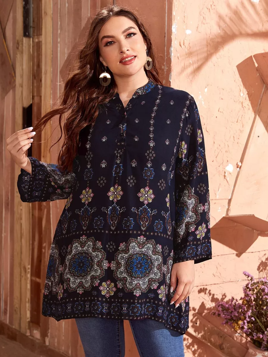 Tumši zila tunika ar rakstu, lielie izmēri i-veikalā jandase.lv