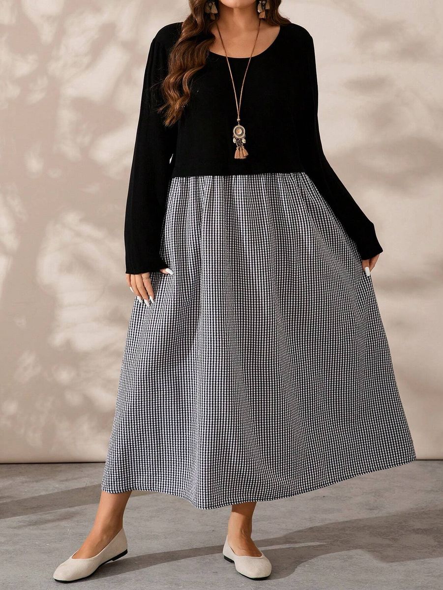 Melna kleita ar rūtiņām, lielie izmēri i-veikalā jandase.lv