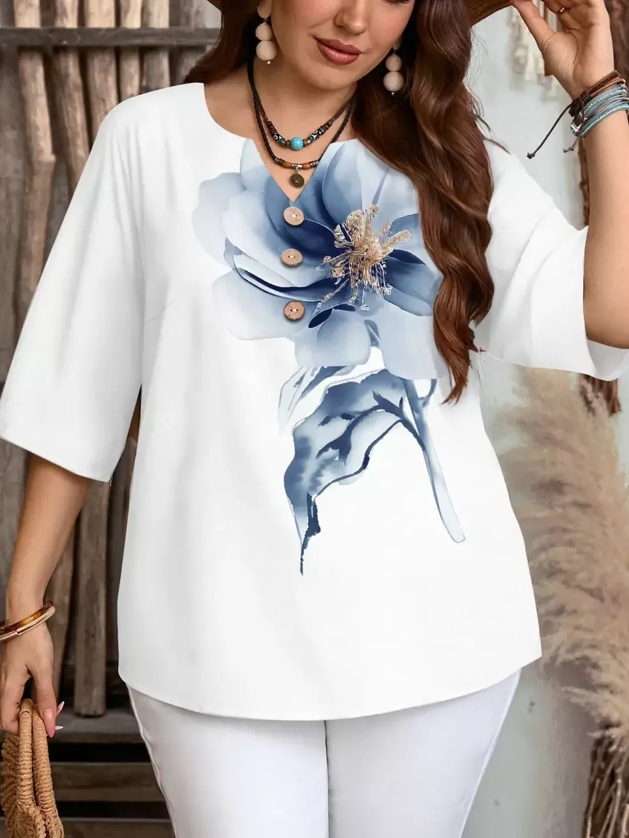 Balta blūze ar ziedu, lielie izmēri i-veikalā jandase.lv