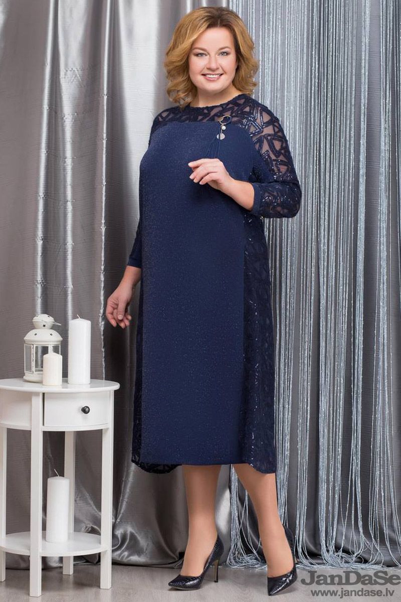 Tumši zila kleita svētkiem ar mežģīnēm, lielie izmēri i-veikalā jandase.lv