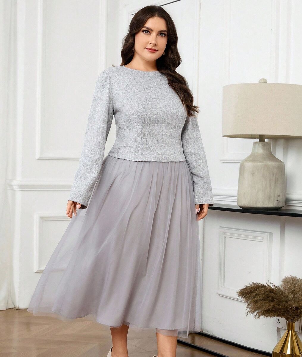 Pelēka kleita ar gaisīgu apakšdaļu, lielie izmēri i-veikalā jandase.lv