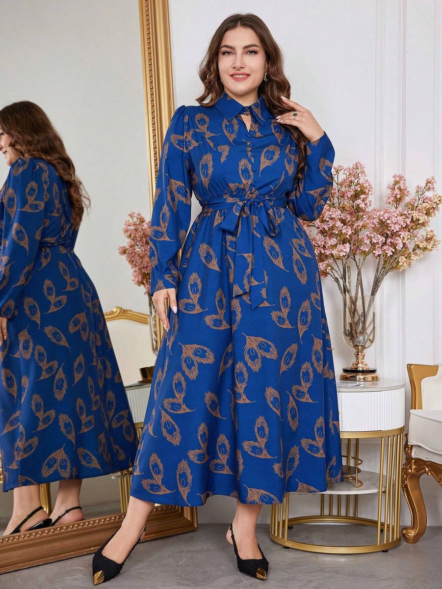 Zila kleita ar spalvu rakstu, lielie izmēri i-veikalā jandase.lv