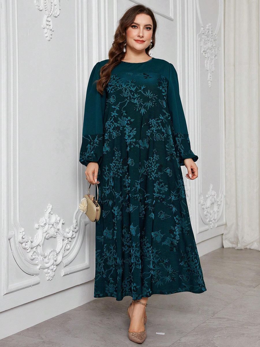 Zaļa kleita ar ziedu rakstu, lielie izmēri i-veikalā jandase.lv