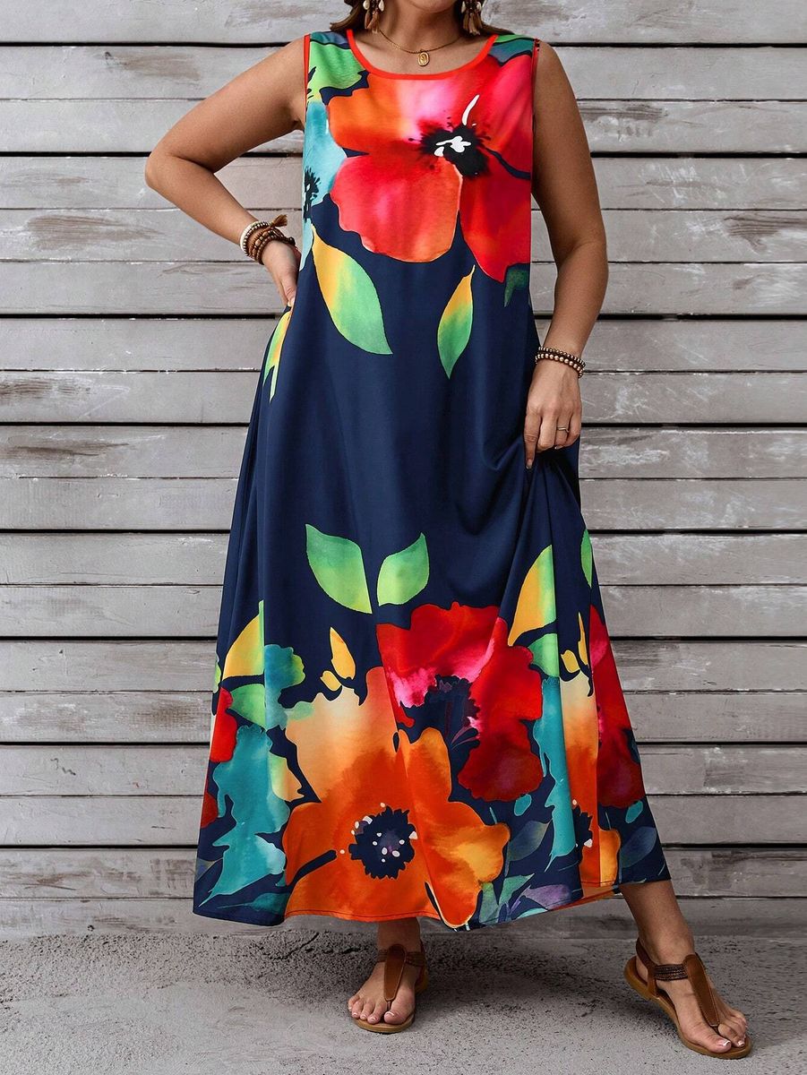 Tumši zila kleita ar lielu ziedu rakstu, lielie izmēri i-veikalā jandase.lv