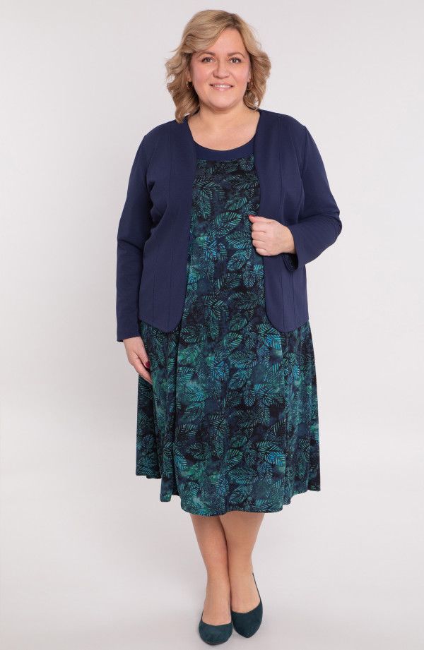 Tumši zila ikdienas kleita ar lapiņām, lielie izmēri i-veikalā jandase.lv