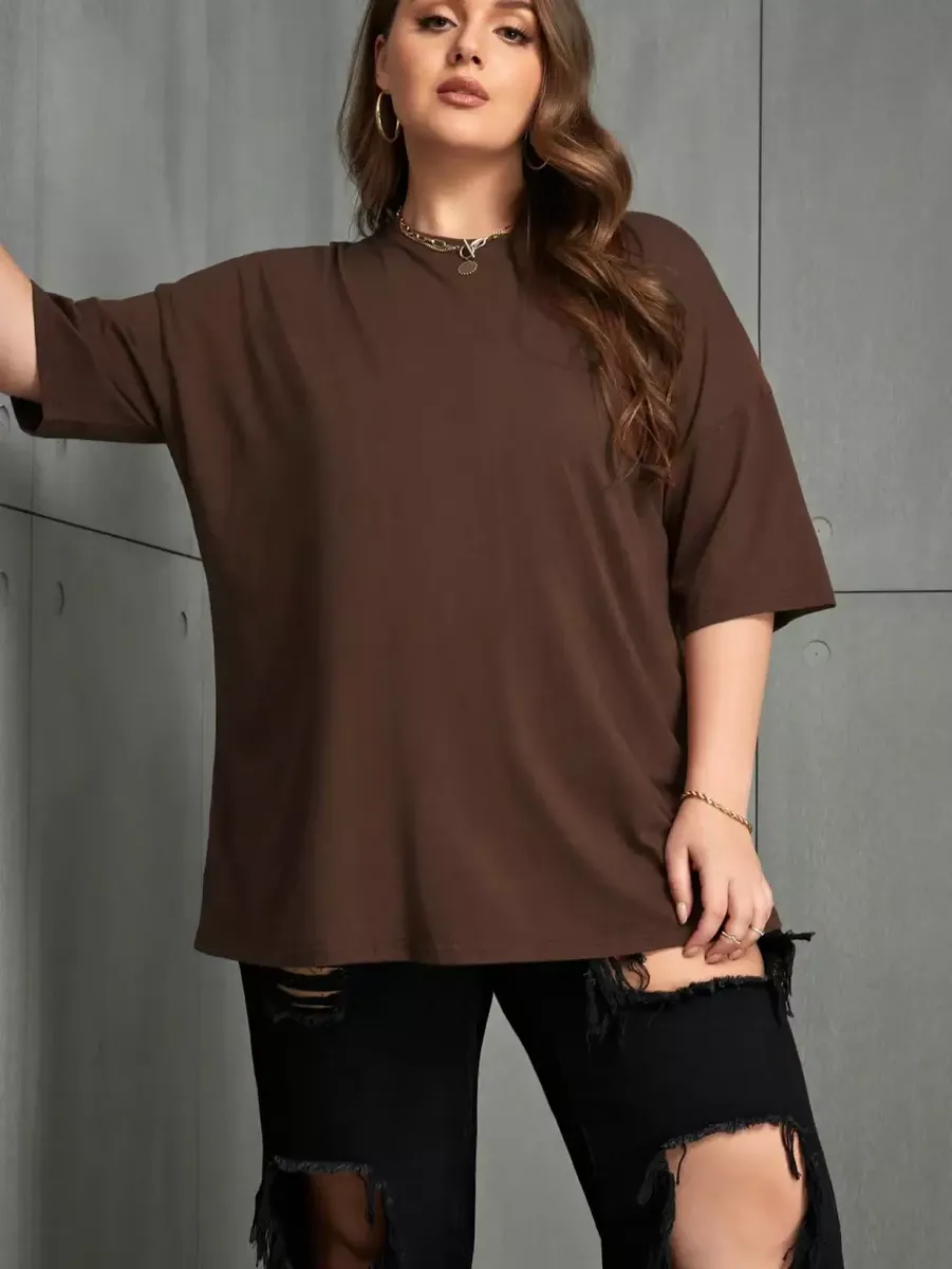 Tumši brūns sieviešu kokvilnas tops, lielie izmēri i-veikalā jandase.lv