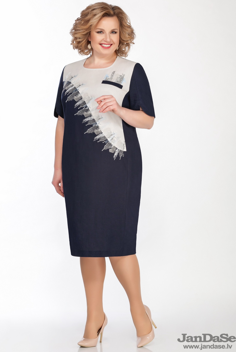 Tumši zila kleita ar izšuvumu, lielie izmēri i-veikalā jandase.lv