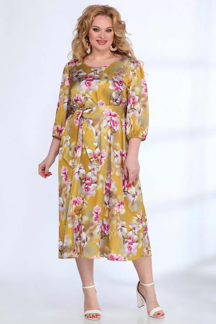 Kleita dzeltenos toņos ar orhidejām, lielie izmēri i-veikalā jandase.lv