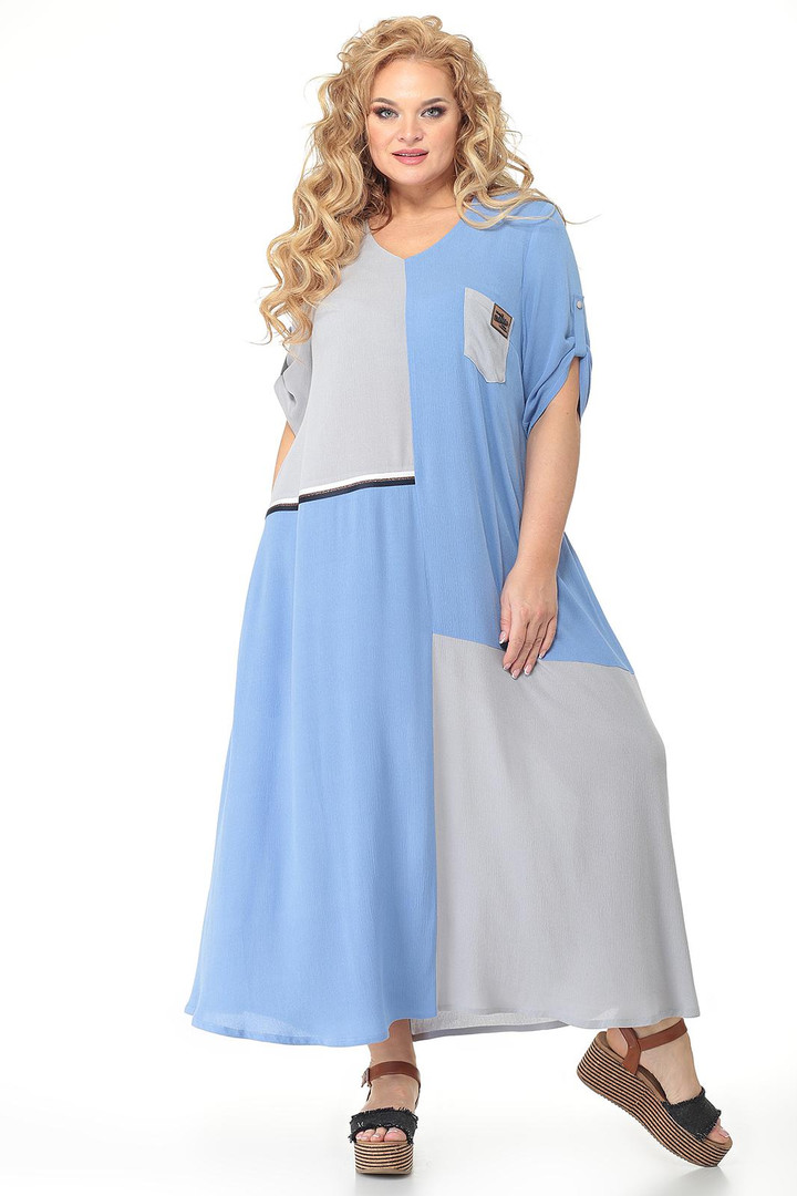 Gaiši zila un pelēka kleita, lielie izmēri i-veikalā jandase.lv