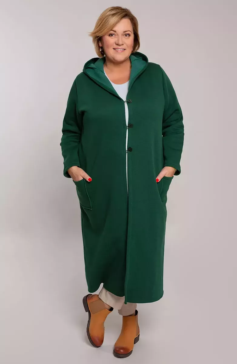 Tumši zaļa garā jaka, lielie izmēri i-veikalā jandase.lv