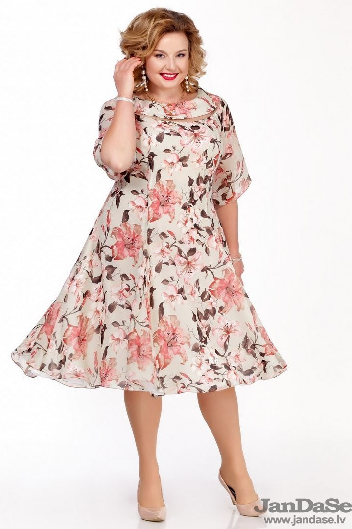Gaiša svētku kleita ar ziedu rakstu, lielie izmēri i-veikalā jandase.lv