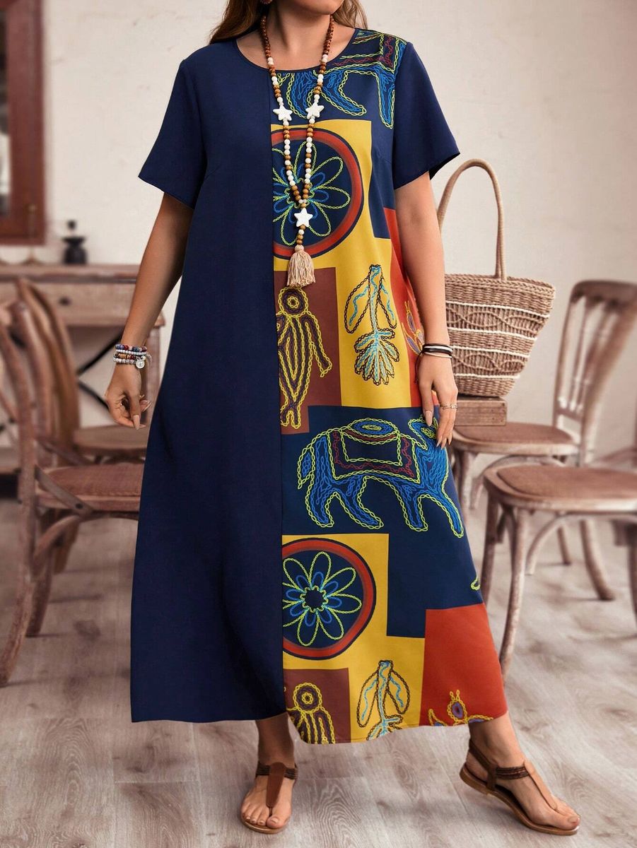 Zila kleita ar rakstu, lielie izmēri i-veikalā jandase.lv