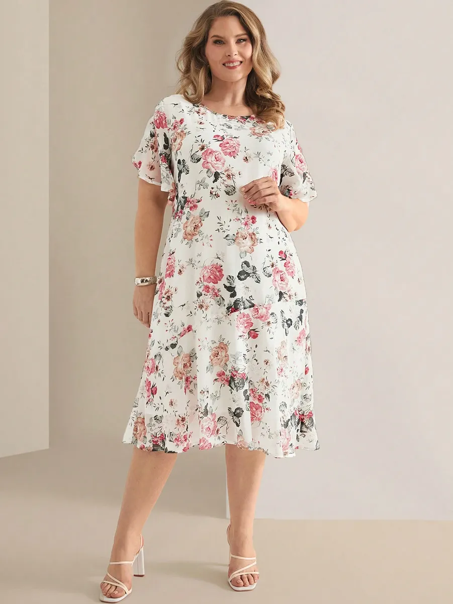 Gaiša kleita ar rožu apdruku, lielie izmēri i-veikalā jandase.lv