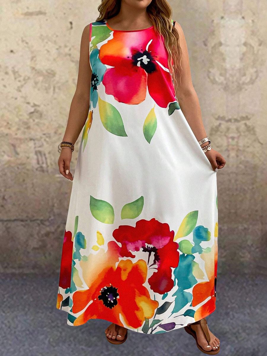 Gaiša kleita ar ziediem, lielie izmēri i-veikalā jandase.lv